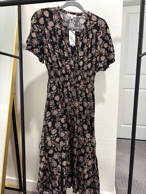 Baltic Born - Black Floral Midi Dress with Pink Floral Print